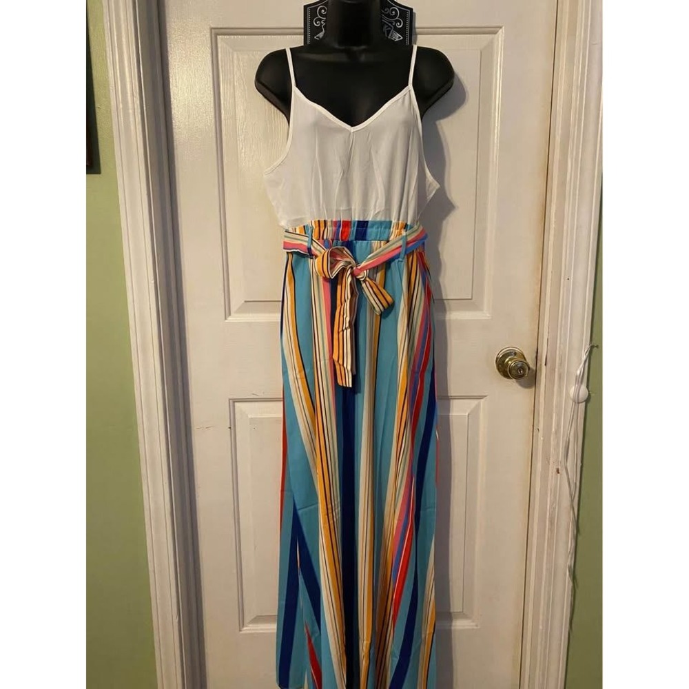 Womens Maxi Dress Sleeveless V-Neck Striped Belted Long Sun Dress Multi